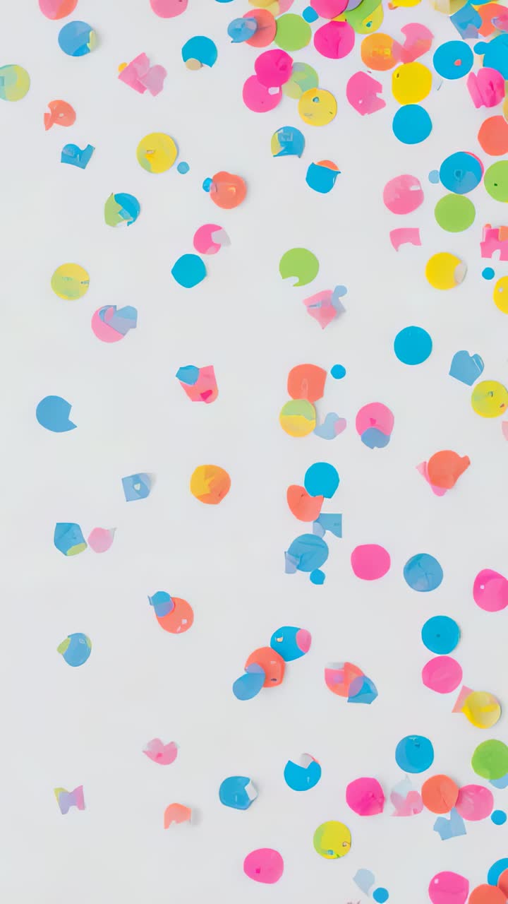 Video verticale: coriandoli colorati in movimento che si raggruppano su un foglio bianco dopo un leggero assestamento