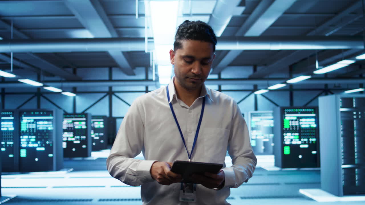 System administrator in data center managing and maintaining databases