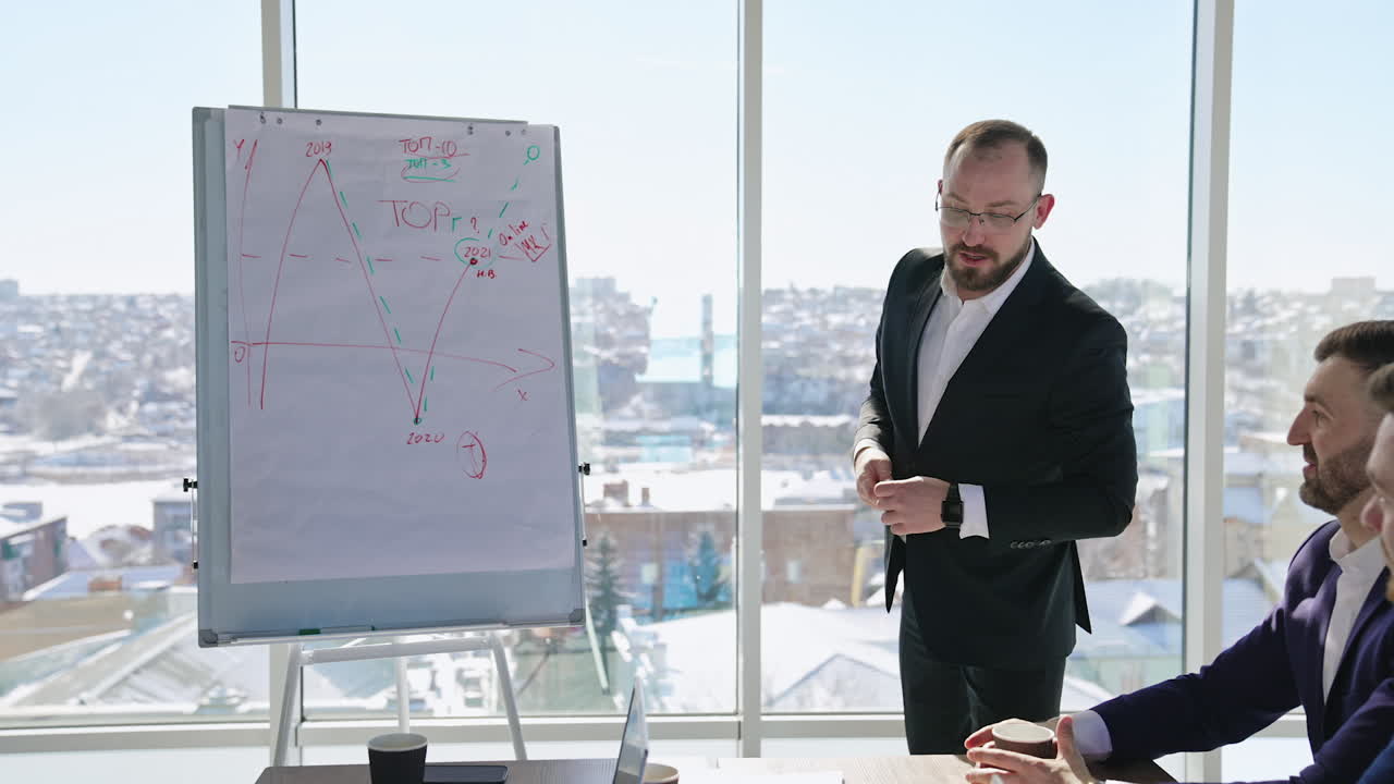 Charismatic speaker explaining something to the colleagues in front of a chart. Male speaker giving a speech smiling and gesturing actively. Cityscape at the background.