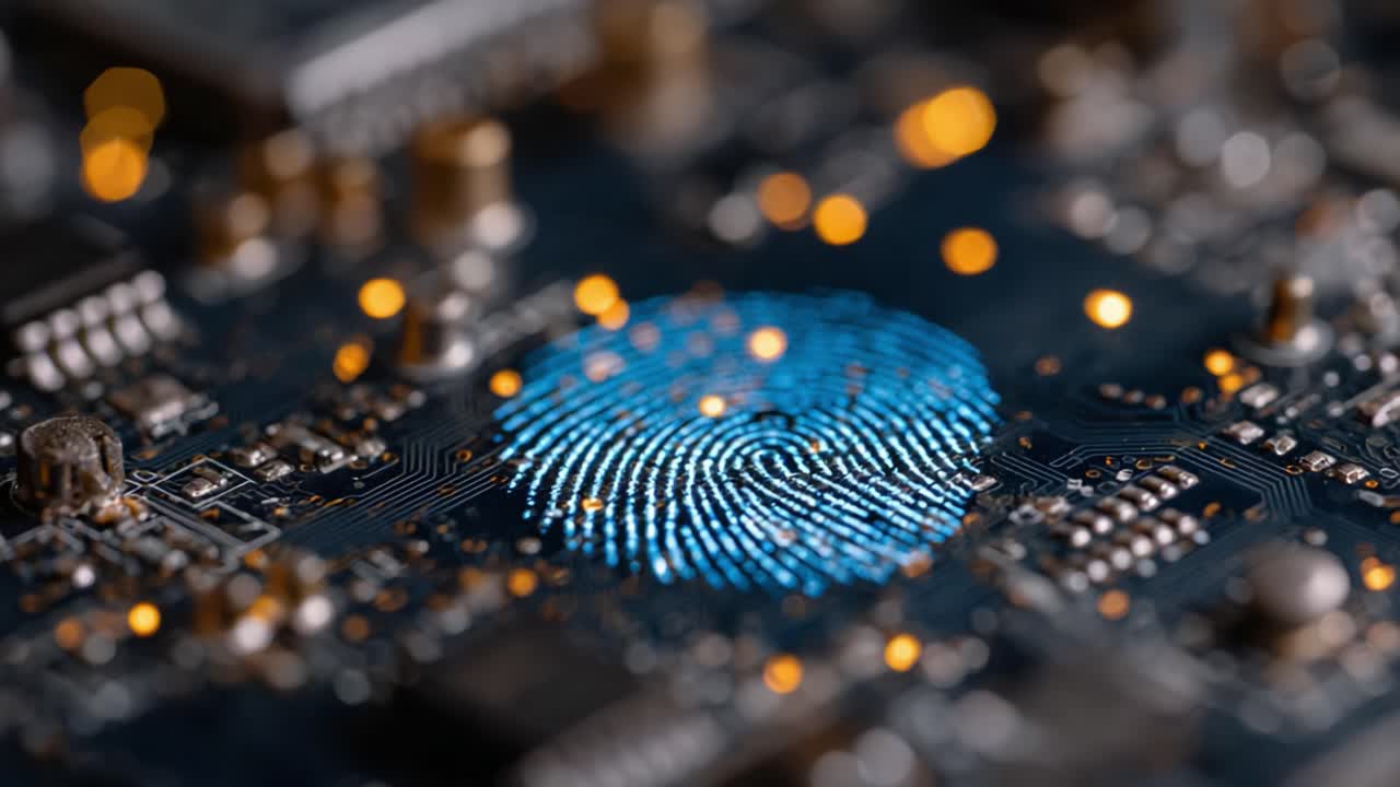 Exploration of a Digital Fingerprint Overlaying a Complex Circuit Board, Illustrating the Intersection of Technology and Security in Modern Electronics