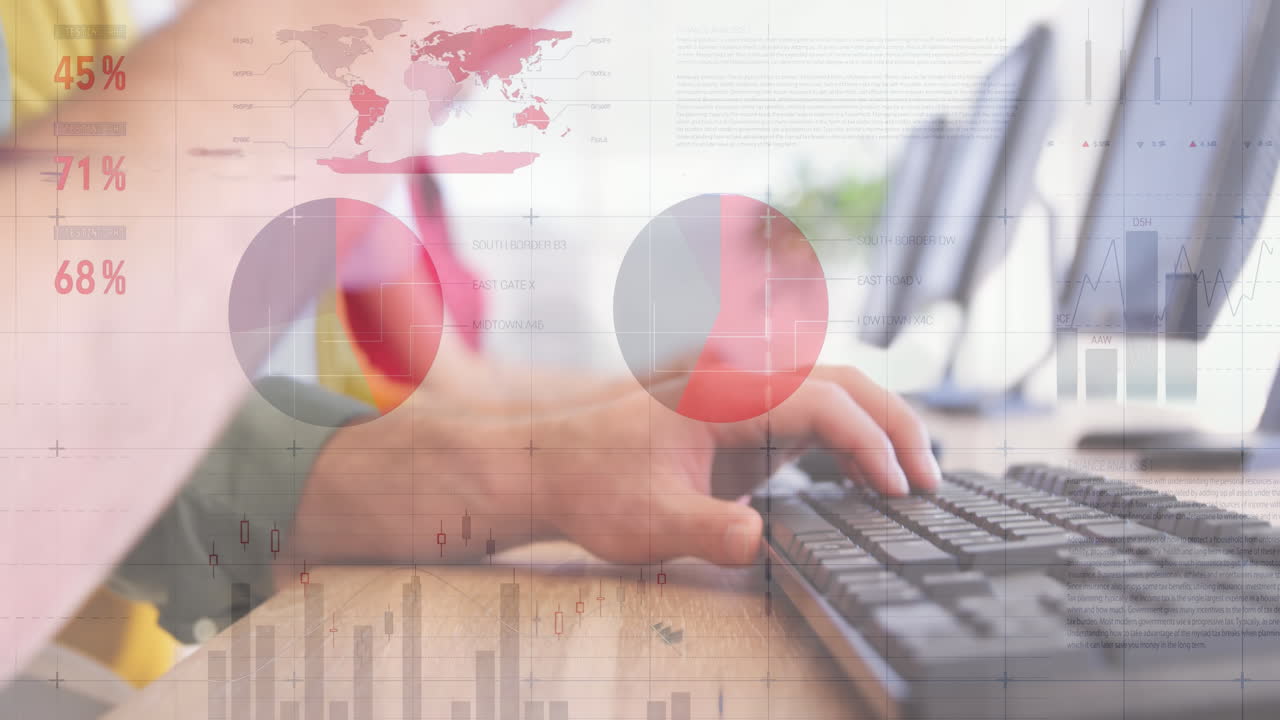 animación de procesamiento de datos sobre hombre caucásico usando computadora hablando en auriculares de teléfono en la oficina