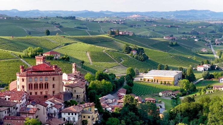 Ampia ripresa aerea di un borgo storico italiano e dolci colline vitate in pieno giorno