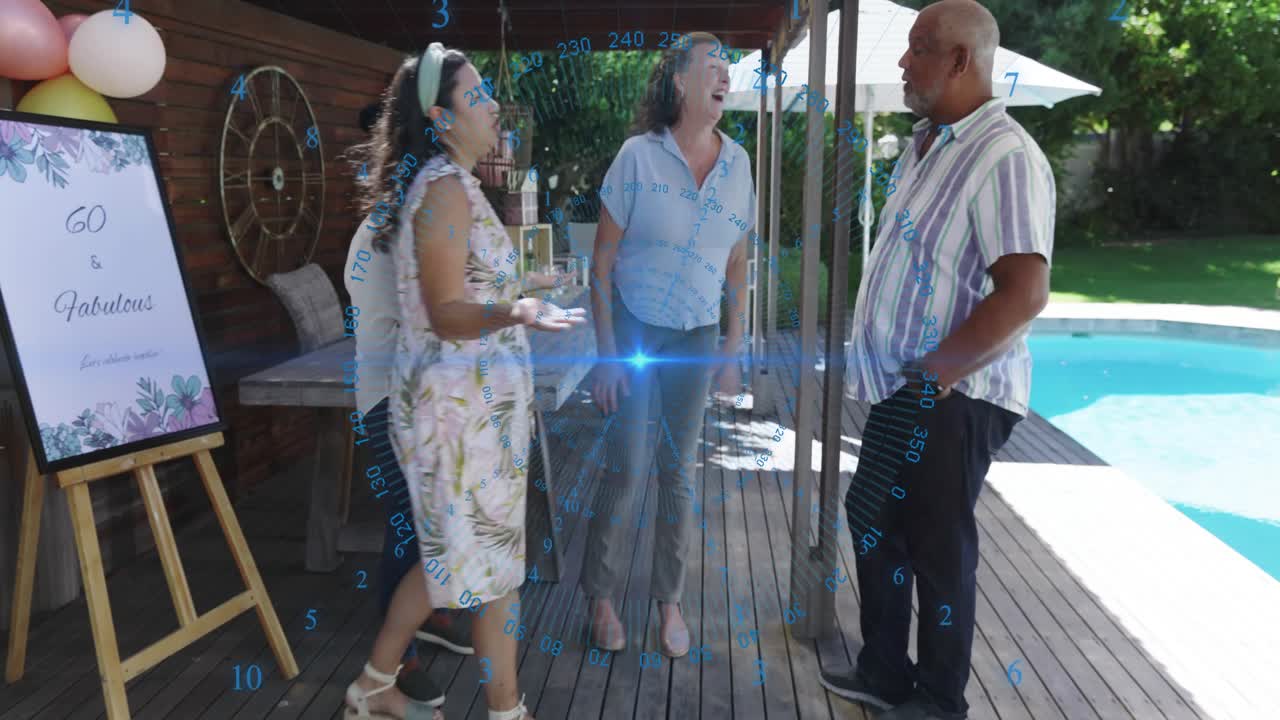 Floral-dress woman entering deck, initiating group gathering and showing phone for event planning