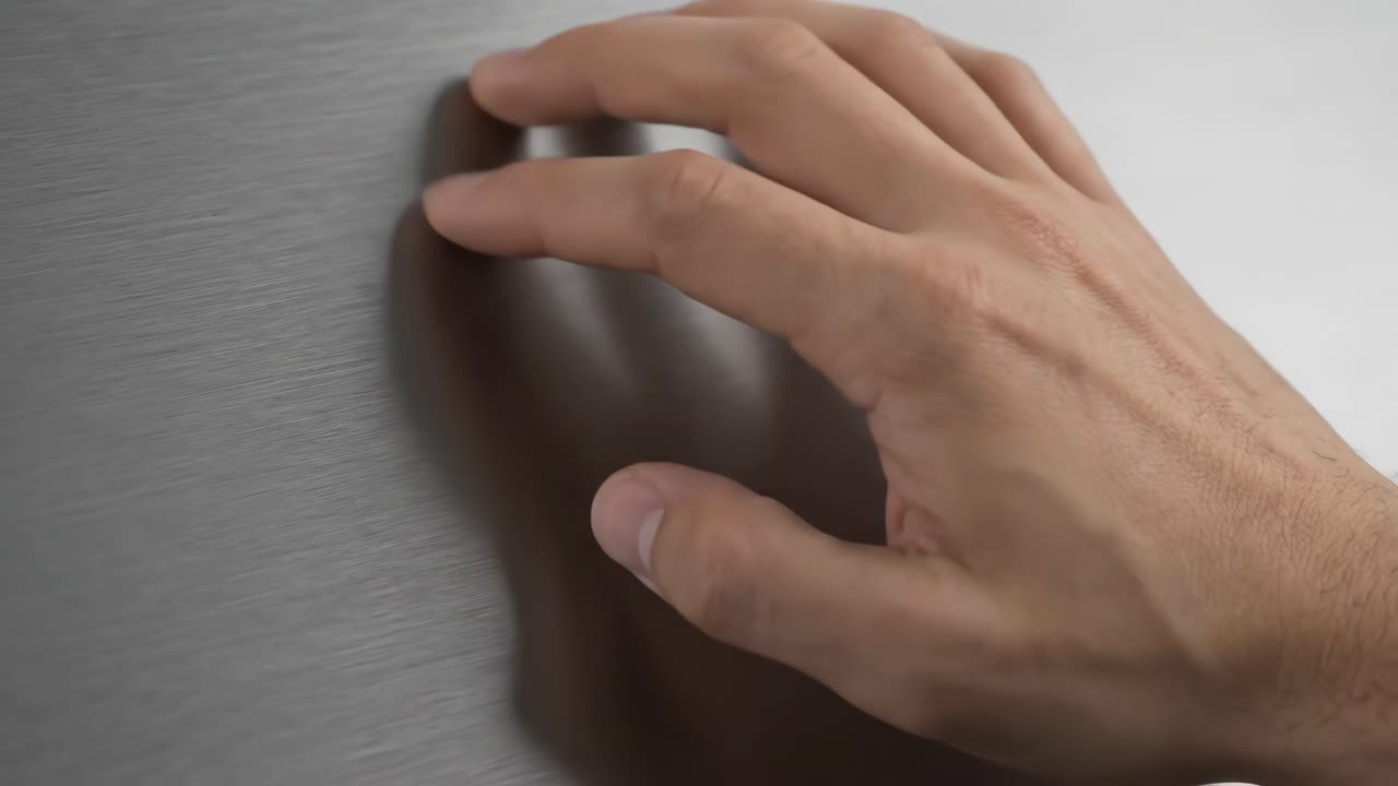 Close-up Tangan Manusia Menyentuh Permukaan Logam yang Disikat