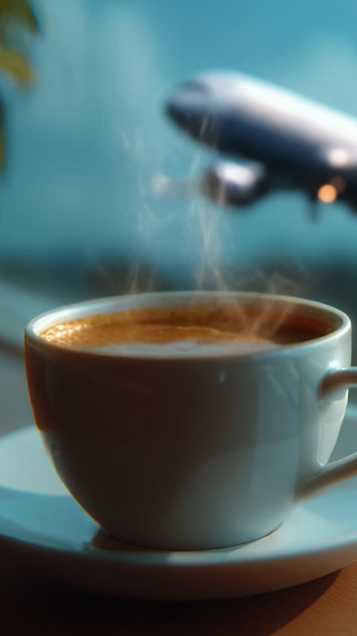 Una tazza di caffè fumante poggia invitante su un tavolo con un aereo sfocato che decolla sullo sfondo, creando un'atmosfera serena e ispirata al viaggio.