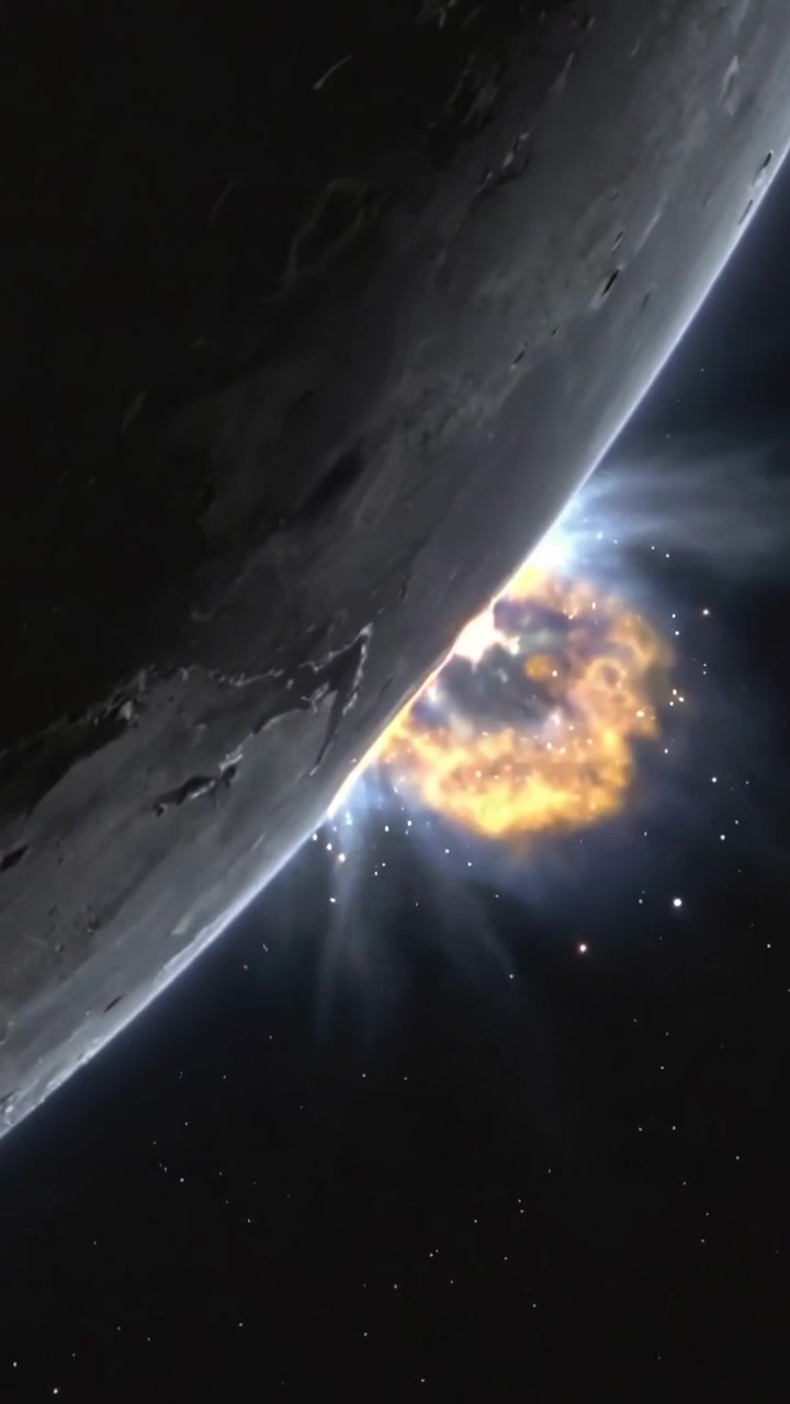 Video verticale: Punto luce scintillante oltre il lembo, lembo di pianeta roccioso che espelle anelli di polvere incandescente nello spazio