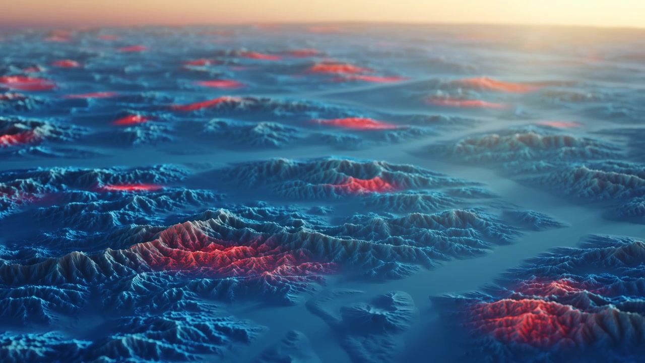 Low angle view of an abstract blue textured surface with glowing red areas and a soft warm horizon light, creating a futuristic landscape impression