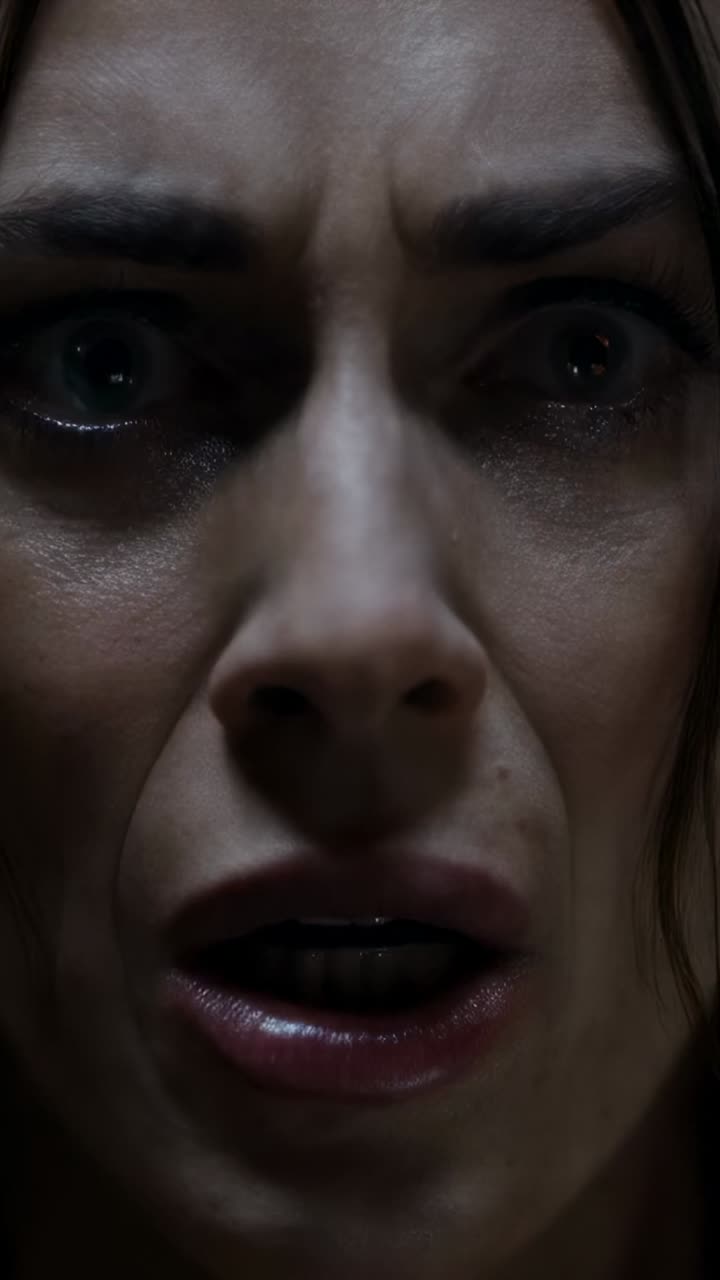 Vertical video: Showing adult woman shocked, angry after offscreen cue in dim closeup, baring teeth
