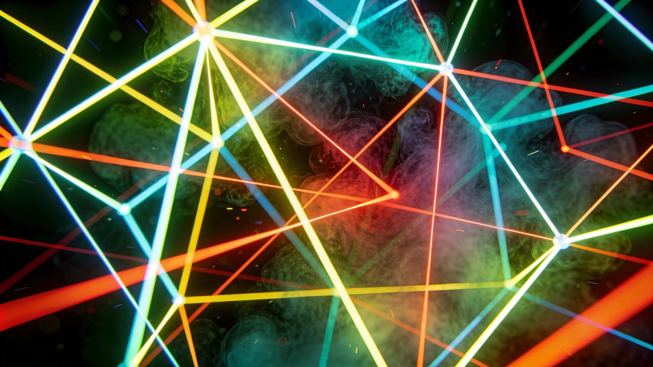 Parallax starting rotating neon lattice shifting in dark void, showing soft smoke and pulsing nodes