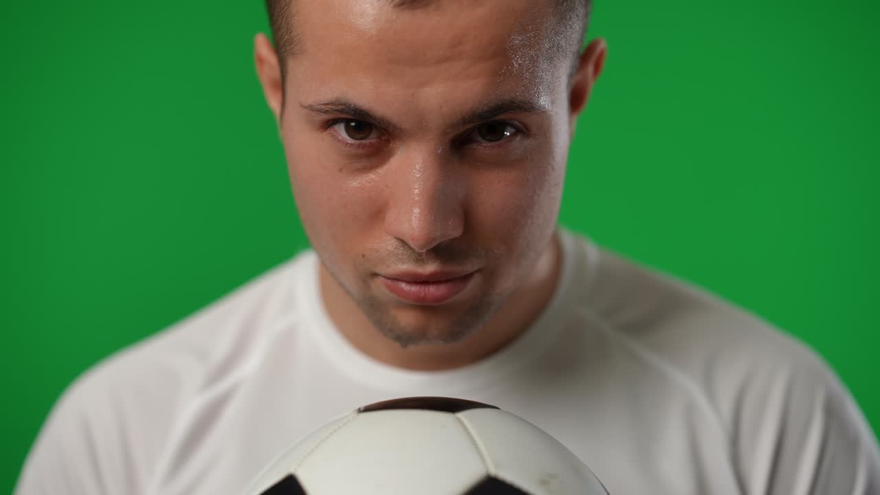 을 흘리는 만족한 백인 운동선수와 축구공이 미소 짓고 카메라를 바라보는 클로즈업 초상화.