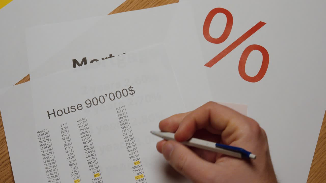 Primo piano di una persona che calcola e confronta diversi tassi di interesse ipotecari su un documento. Concetto di pianificazione del mutuo casa, processo decisionale finanziario, finanziamento immobiliare e confronto degli interessi.