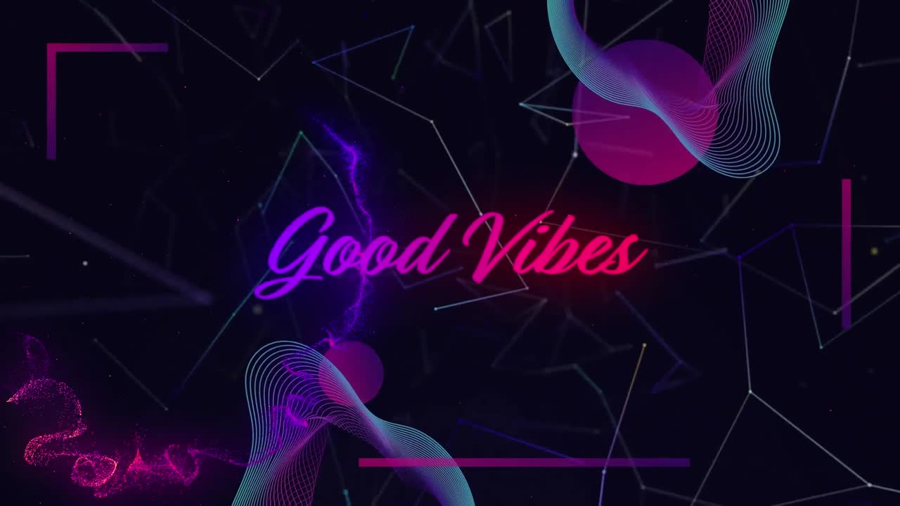 Animation of good vibes sale text over shapes on black background