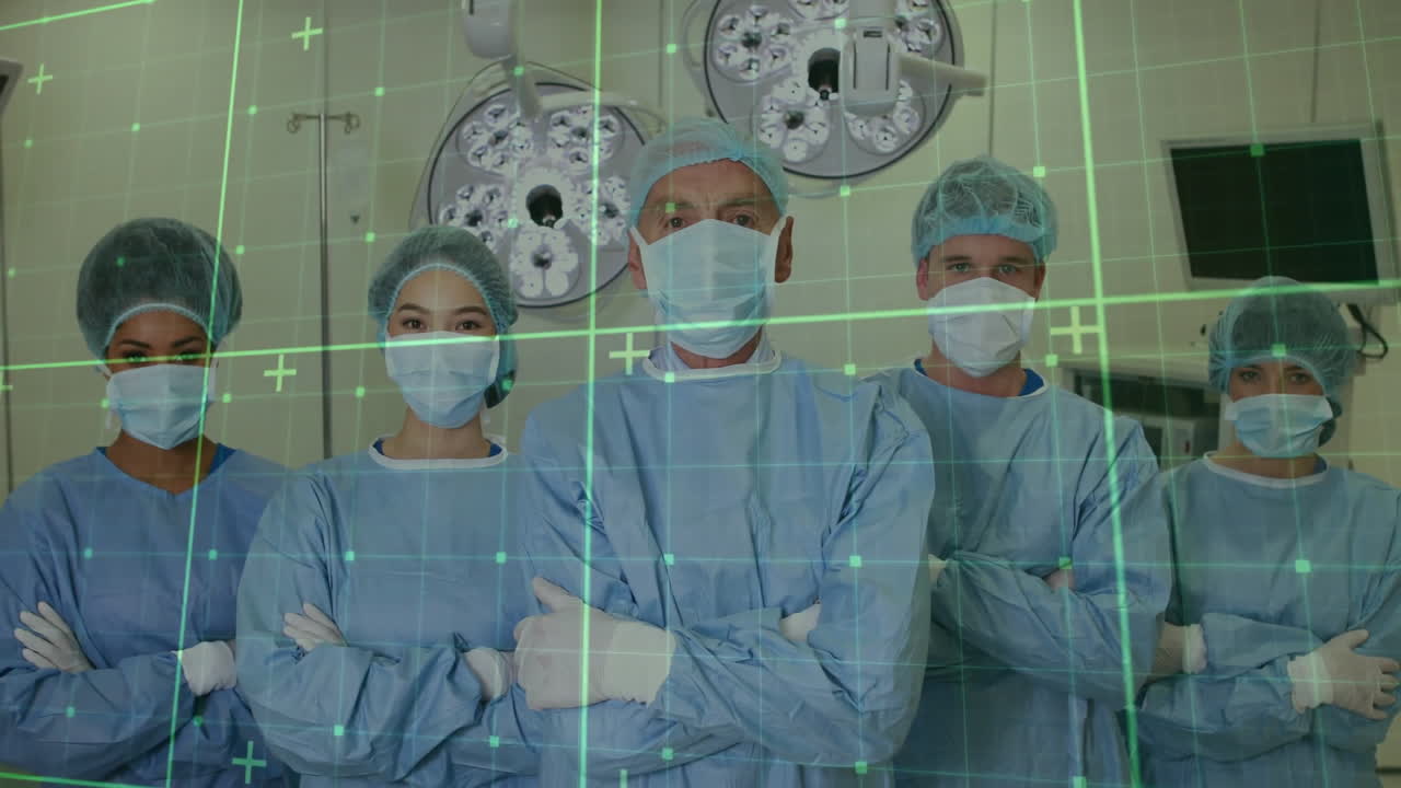 Medical team in scrubs standing with arms crossed, grid animation over them