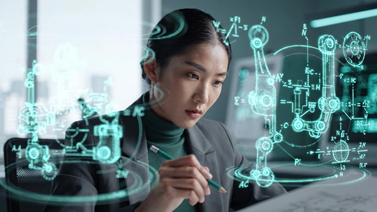 集中した専門家が、ハイテクエンジニアリング作業に従事しながら精巧な機械設計を分析しており、テクノロジーとロボティクスにおける革新と専門知識を際立たせている。