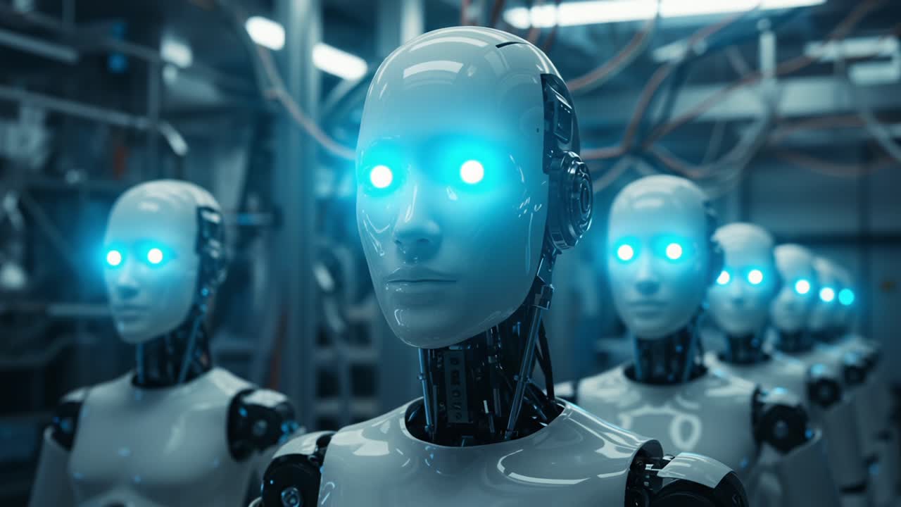 A Glimpse into the Future: Innovatively Designed Robots with Luminous Blue Eyes Line Up in a High-Tech Laboratory Setting, Embodying Advanced Robotics and Artificial Intelligence Concepts