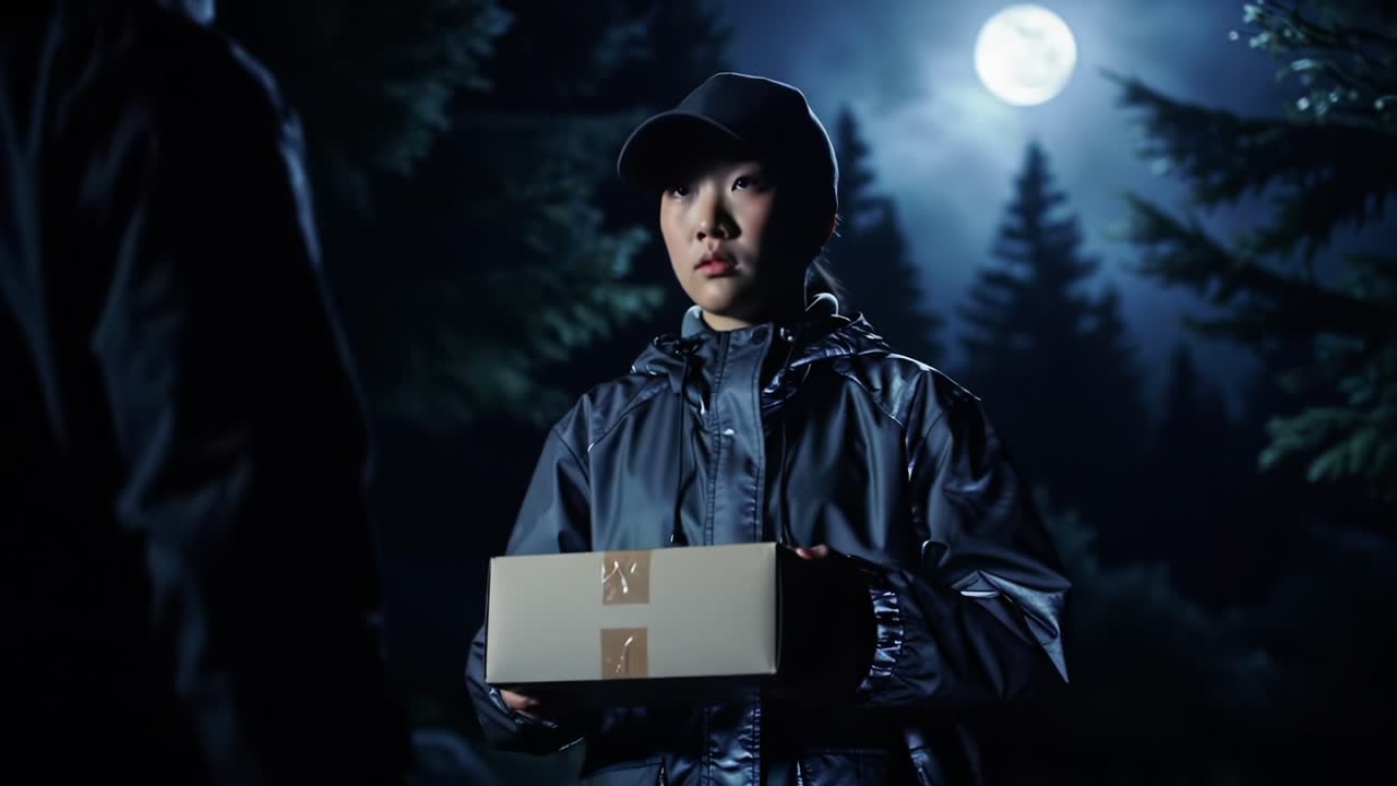 Mysterious Encounter in the Woods: A Dark Night's Exchange Between Two Figures Under the Moonlight, Shrouded by Forest Shadows and Secrets