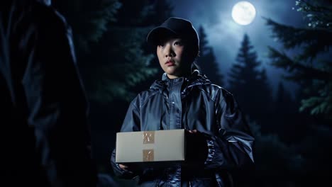 mysterious encounter in the woods: a dark night's exchange between two figures under the moonlight, shrouded by forest shadows and secrets