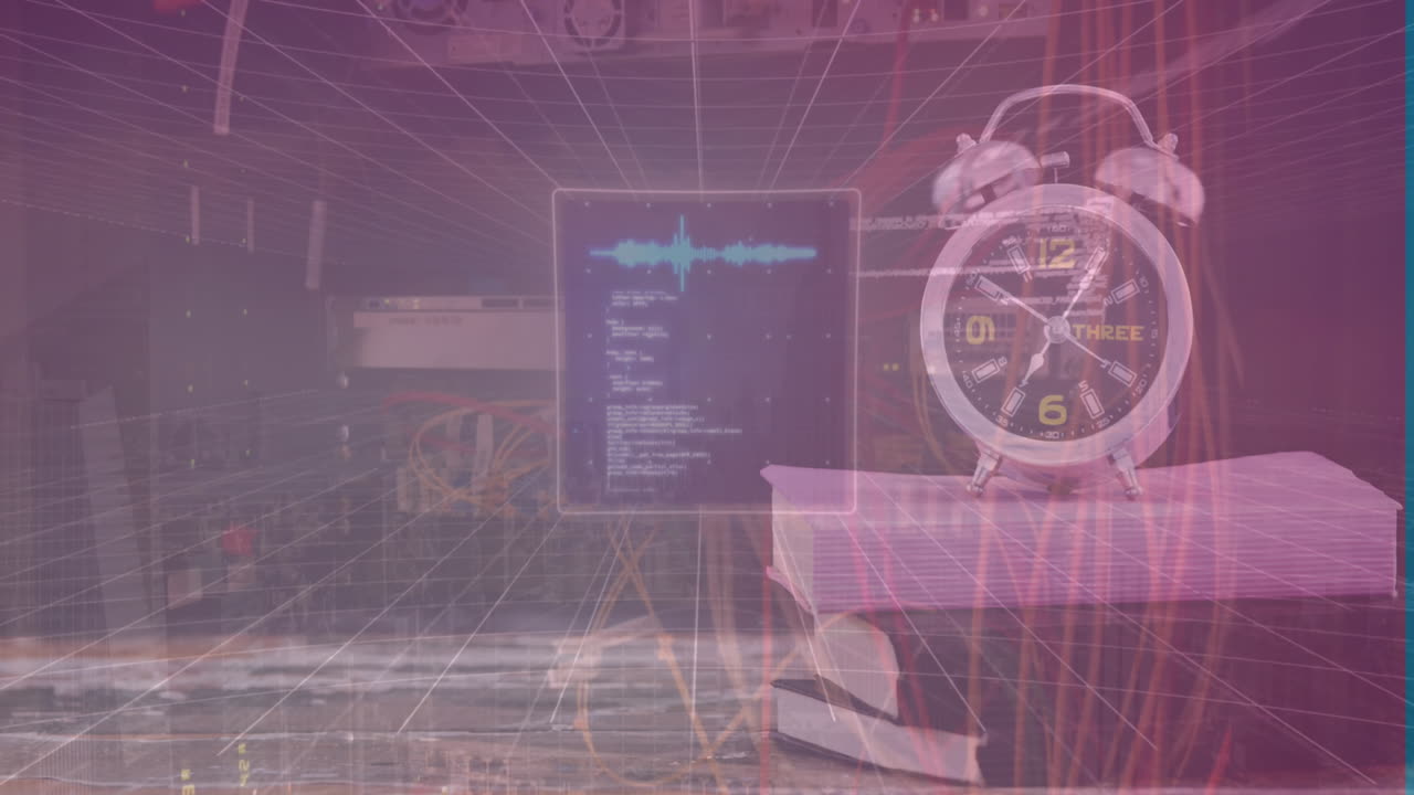 animación del procesamiento de datos en la sala del servidor y el reloj