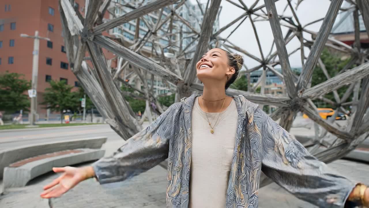 Joyful Woman Embracing Life in Urban Sculpture Park, Exuding Happiness and Confidence, Surrounded by Modern Architectural Marvels