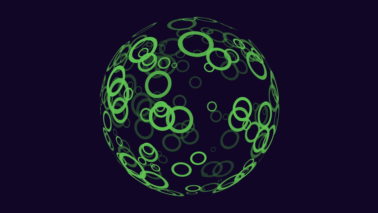 Abstract 3D sphere covered with glowing green rings rotates on a dark purple background, creating a futuristic technology and digital network concept with copy space