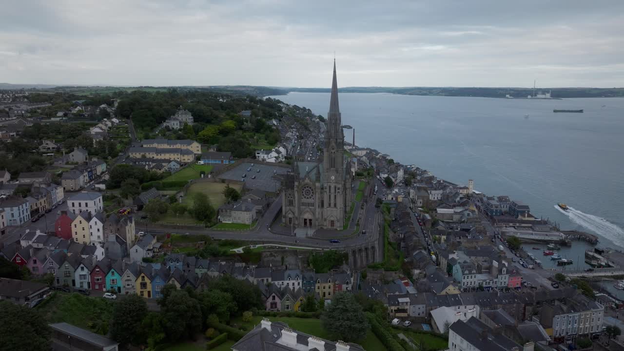 St Colman&rsquo;s Cathedral Cobh Aerial View Deck of Cards Colourful Houses Wide 01