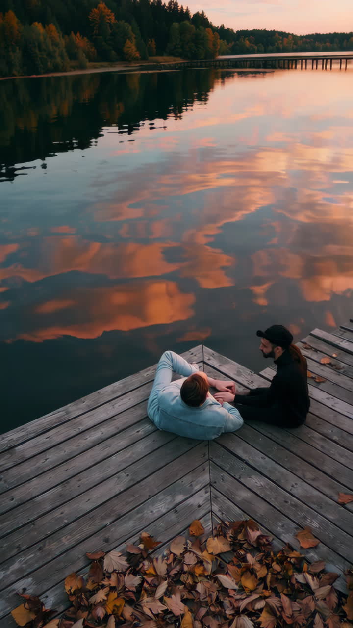 Two people relaxing on a wooden dock at sunset overlooking a tranquil lake with autumn leaves