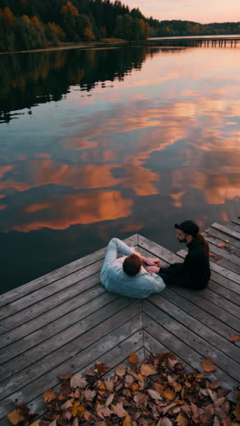 two people relaxing on a wooden dock at sunset overlooking a tranquil lake with autumn leaves