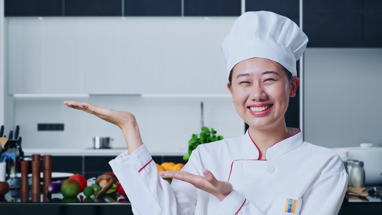 아시아 여성 요리사가 미소 짓고 주방에서 을 가리키고 있습니다.