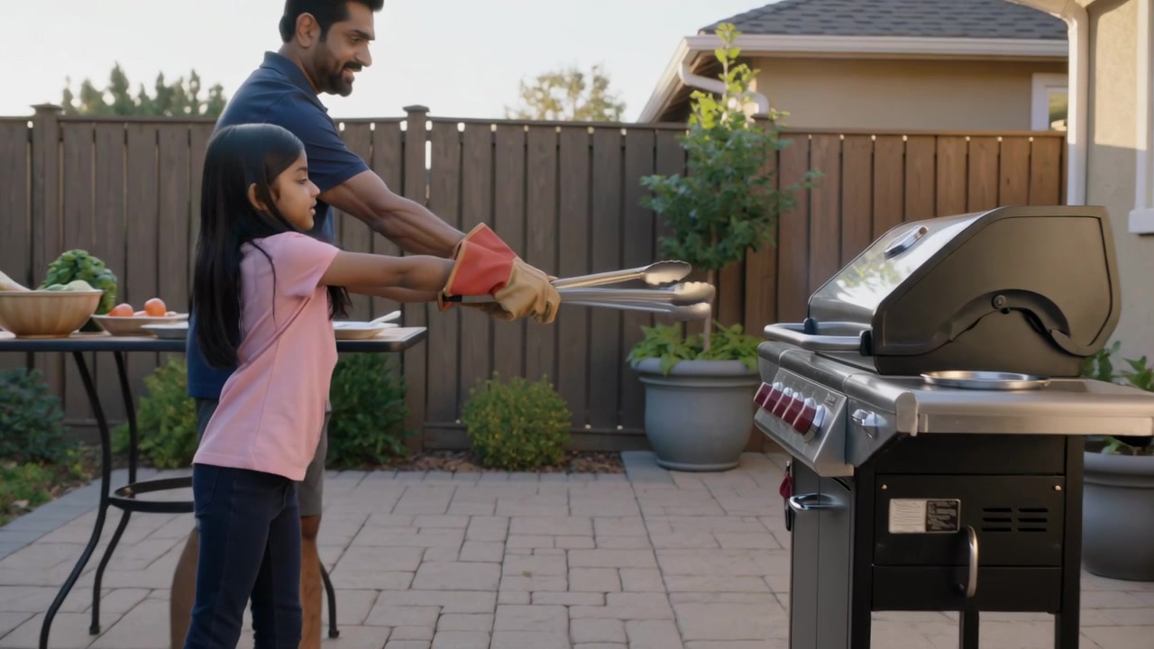 Stepping forward father and daughter placing tongs over patio grill, wearing oven gloves to cook