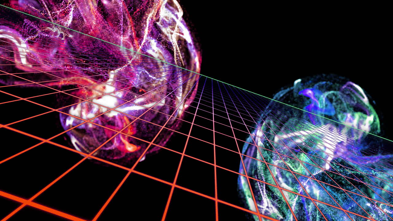 Colorful abstract shapes and grid lines, digital animation of data processing