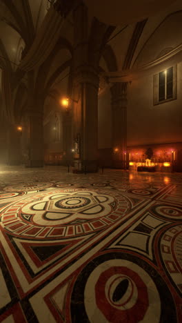 a dark and empty church interior with candles on the altar