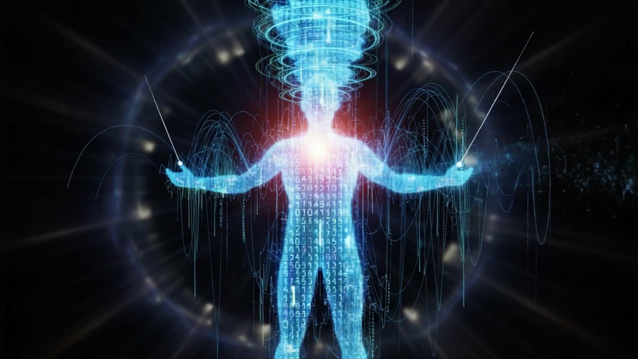 Illuminated Figure Manipulating Data Streams in a Digital Realm: A Visual Representation of Energy, Connectivity, and the Power of Information