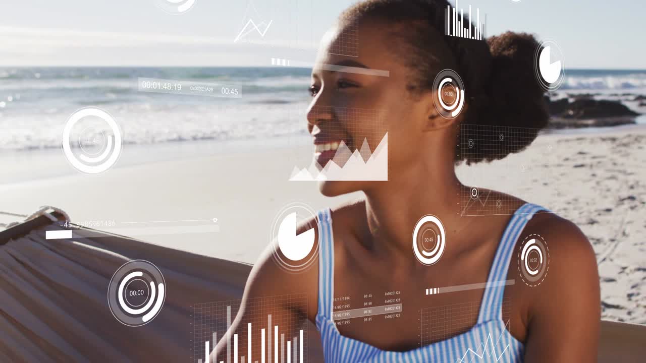 Woman sitting hammock turning smiling as animated HUD appearing with charts, tech demo for creators
