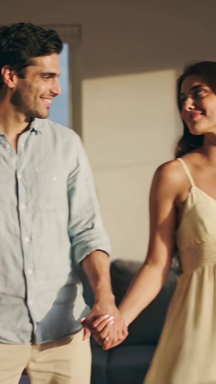 Video verticale: Coppia che si tiene per mano, cammina attraverso il soggiorno vicino a una finestra illuminata dal sole, sorridendo.