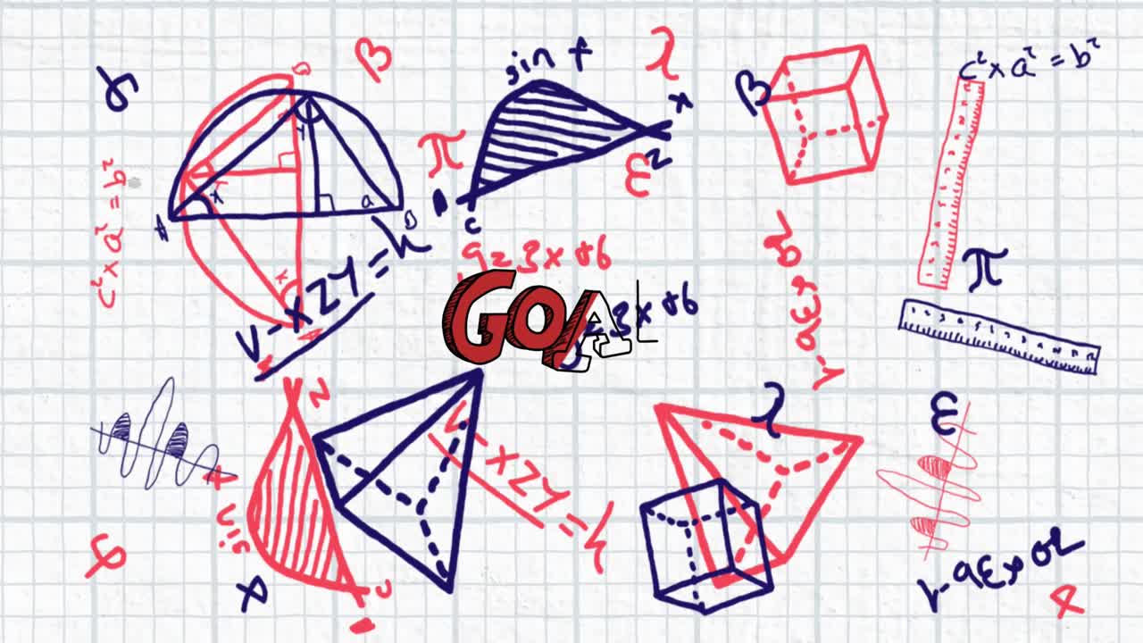 색 사각형 종이 배경 위에 go 텍스트와 수학적 공식의 애니메이션