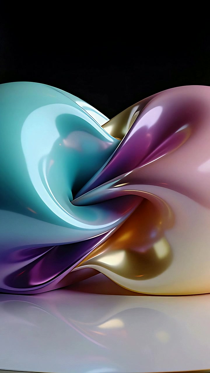 Vertical video: Shifting lights morphing metal form pinching on white base showing teal or purple or