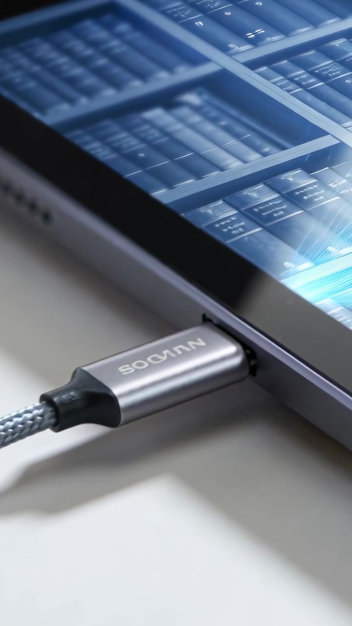 Vertikal video: Lägger märke till blå LED, hand som ansluter USB-C-kontakt till surfplattans port på skrivbordet för laddning