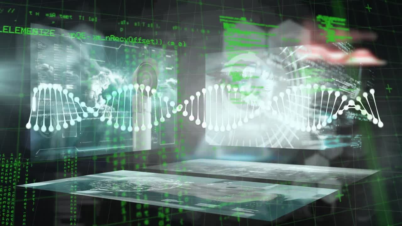 animación de estructuras de adn que giran sobre pantallas con procesamiento de datos contra un fondo negro