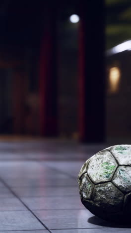 old worn soccer ball on a tile floor