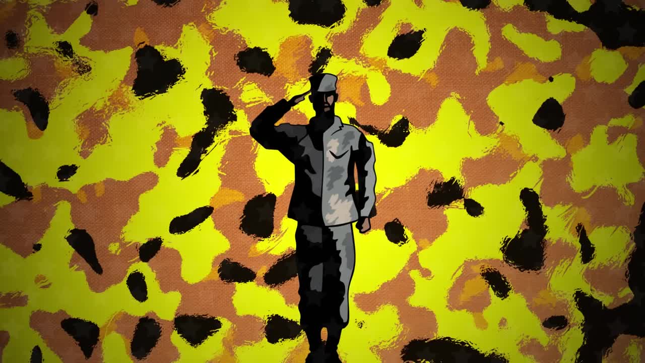 animación del texto del día de la independencia sobre fuegos artificiales y soldado de saludo en fondo de camuflaje