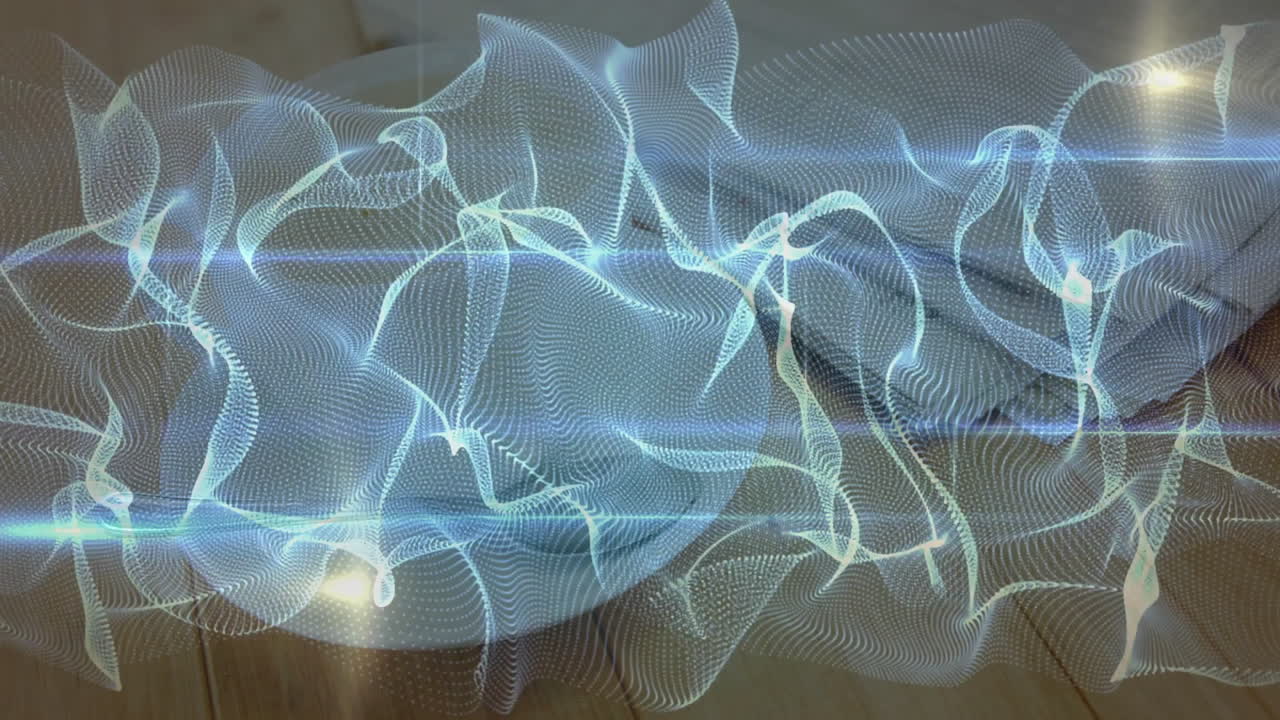 Holographic mesh swirling above wood tabletop, featuring plate beneath abstract glowing ribbons