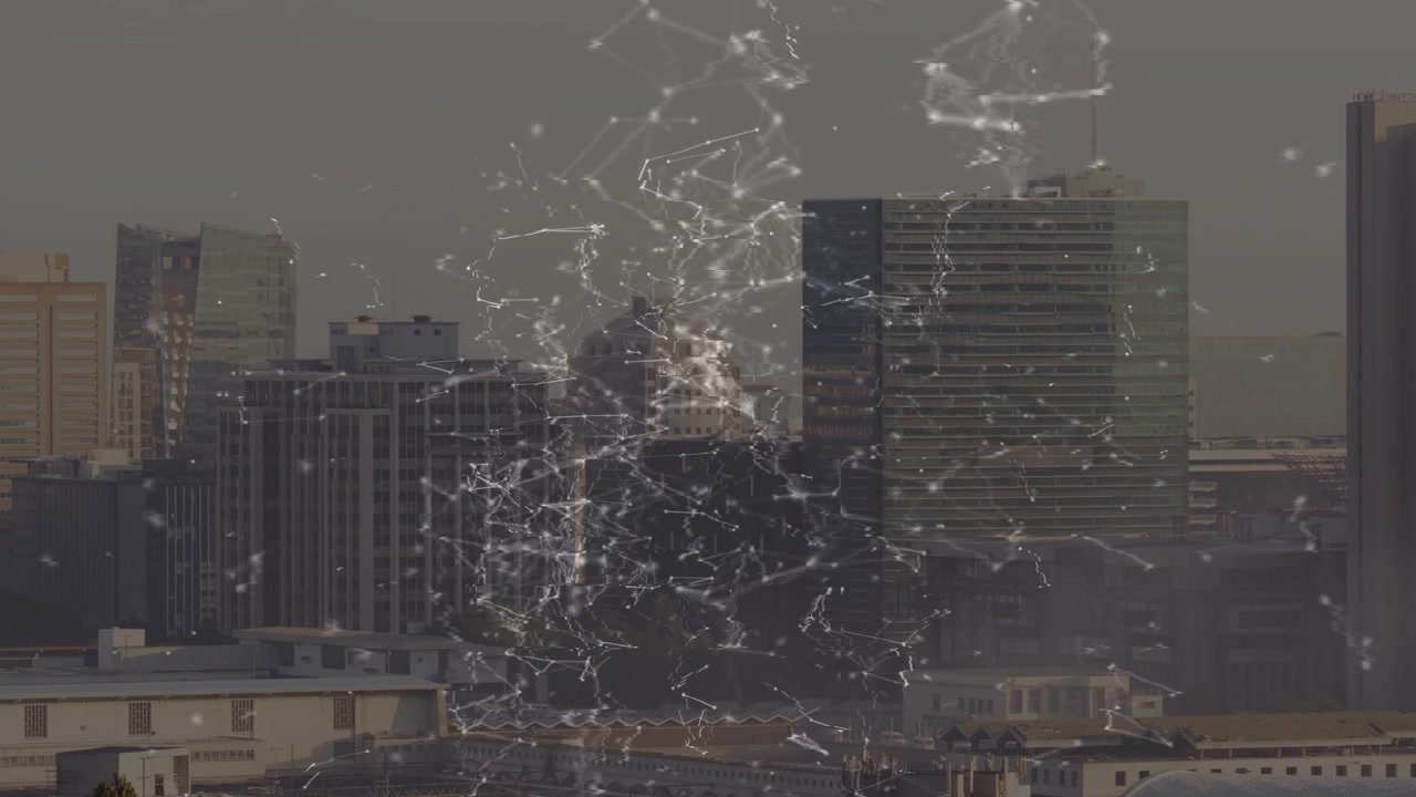 Overlay animato di rete di particelle si espande e pulsa su impulso di dati, visualizzando collegamenti urbani