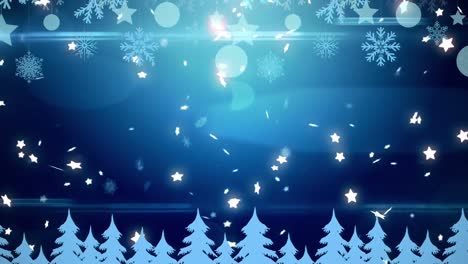 Animation-of-falling-blue-snowflakes,-baubles-and-glowing-stars,-with-blue-tree-tops,-on-dark-blue