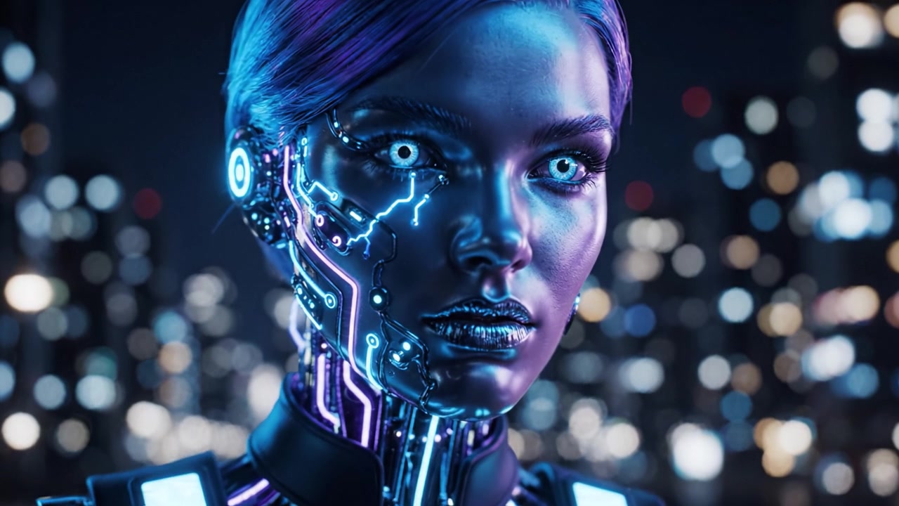 Essere Cibernetico Futuristico che Emana Energia Luminescente in un Paesaggio Urbano, Fondendo Umanità e Tecnologia in un'Intricata Esposizione di Estetica Digitale e Meraviglie Architettoniche