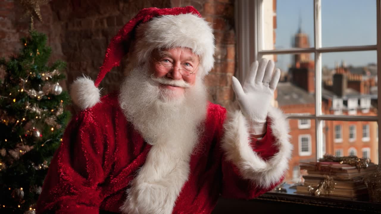 A Joyful Santa Claus Waves Cheerfully from an Inviting Festive Setting, Spreading Holiday Cheer with a Warm Smile During the Most Wonderful Time of the Year