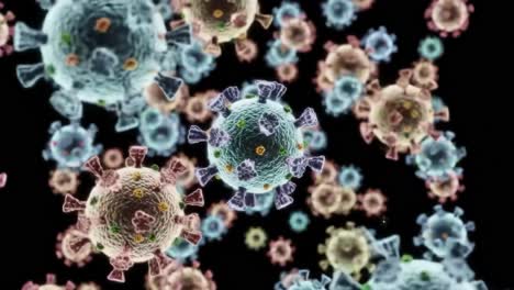a detailed exploration of virus particles: observing the intricate structures and variations in size, color, and shape of microscopic pathogens in motion