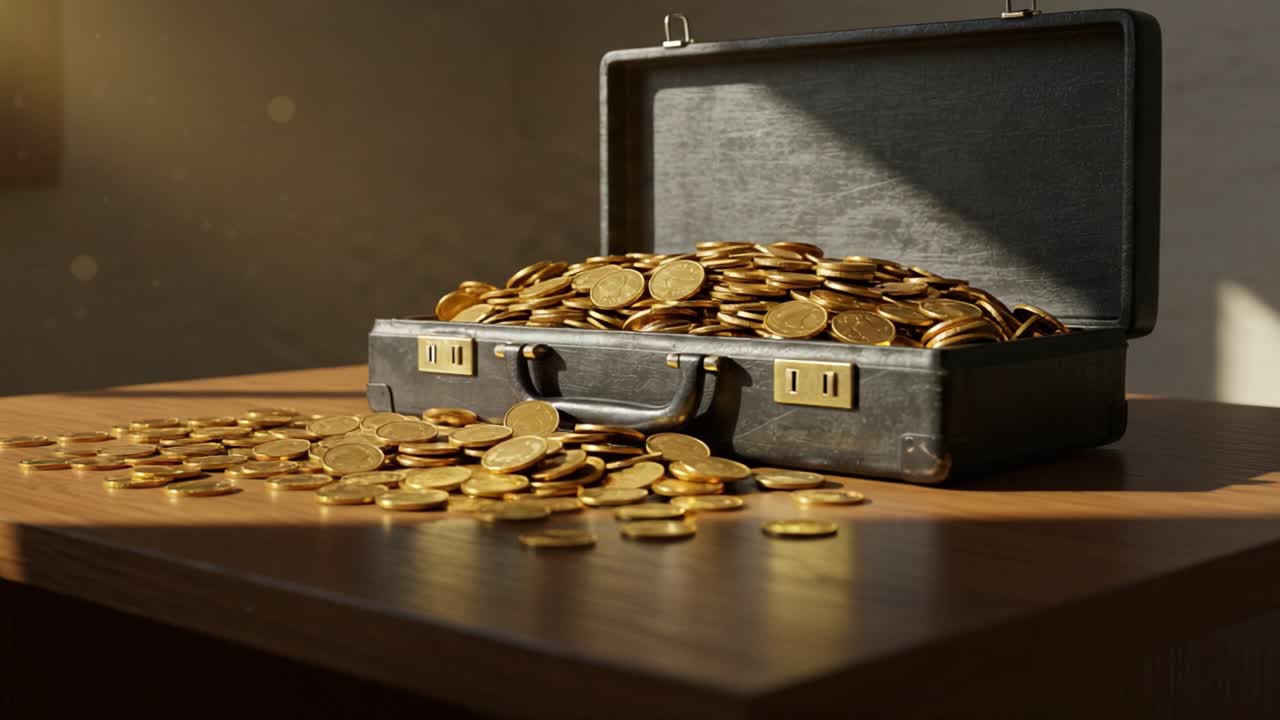 A Glimmering Treasure Trove: A Series of Captivating Frames Featuring an Overflowing Briefcase Filled with Glimmering Gold Coins Under Soft Ambient Lighting