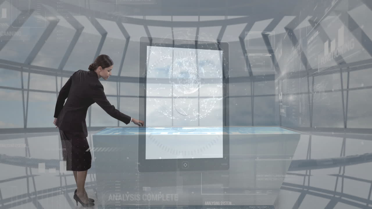 In office, businesswoman interacting with animation of futuristic digital interface display