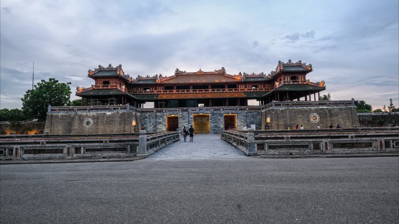 Timelapse of the main entrance of the Imperial Citadel in Hue, huge gate inside the city, Vietnam