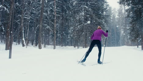 TRACKING-Young-adult-Caucasian-female-athlete-practicing-cross-country-skiing-on-a-scenic-forest-trail.-4K-UHD-60-FPS-SLO-MO